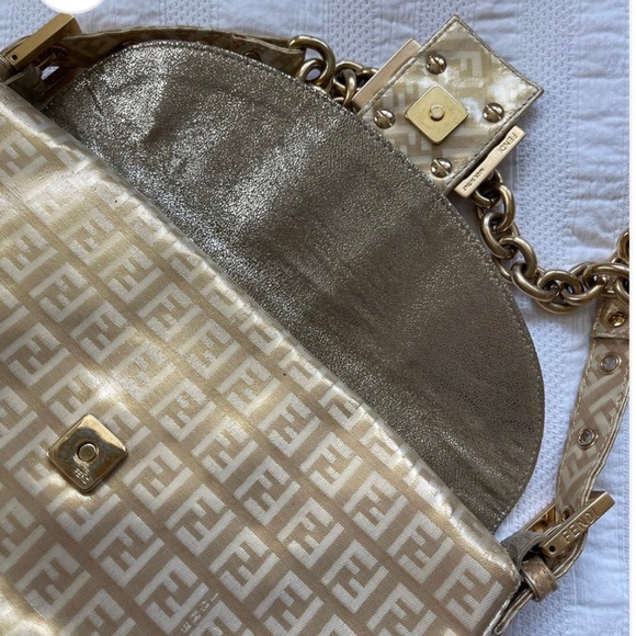 Fendi Baguette Double Flap Bag Zucca FF Canvas Coated Gold Authentic Vintage - Picture 7 of 11